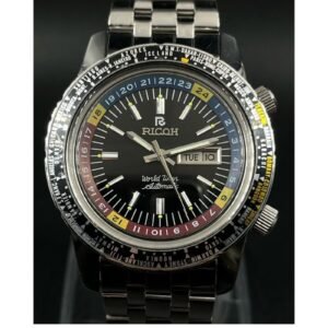 Ricoh World Timer Automatic Mens Watch ? Stainless Steel, Multi-Time Zone, Day-Date Display