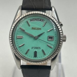 Vintage Ricoh Automatic Men?s Watch ? 21 Jewels, Mint Green Dial, Day & Date Display, Leather Strap