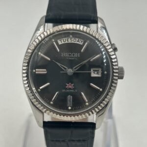 Vintage Ricoh Men's Automatic Watch ? Day & Date Display, 21 Jewels, Black Dial, Leather Strap