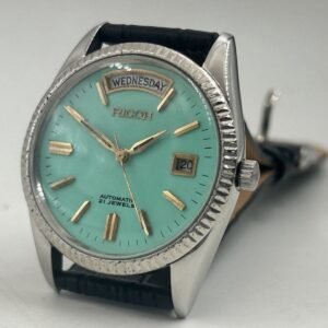 Vintage Ricoh Men?s Automatic Watch ? 21 Jewels, Day & Date Display, Turquoise Dial, Leather Strap