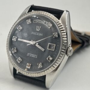 Vintage Ricoh Automatic Men's Watch ? 21 Jewels, Diamond Markers, Day & Date, Black Leather Strap